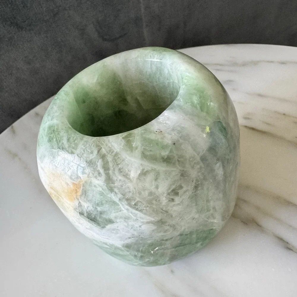 Vintage Green Polished Flourite Calming Crystal Votive Tealight Candle Holder